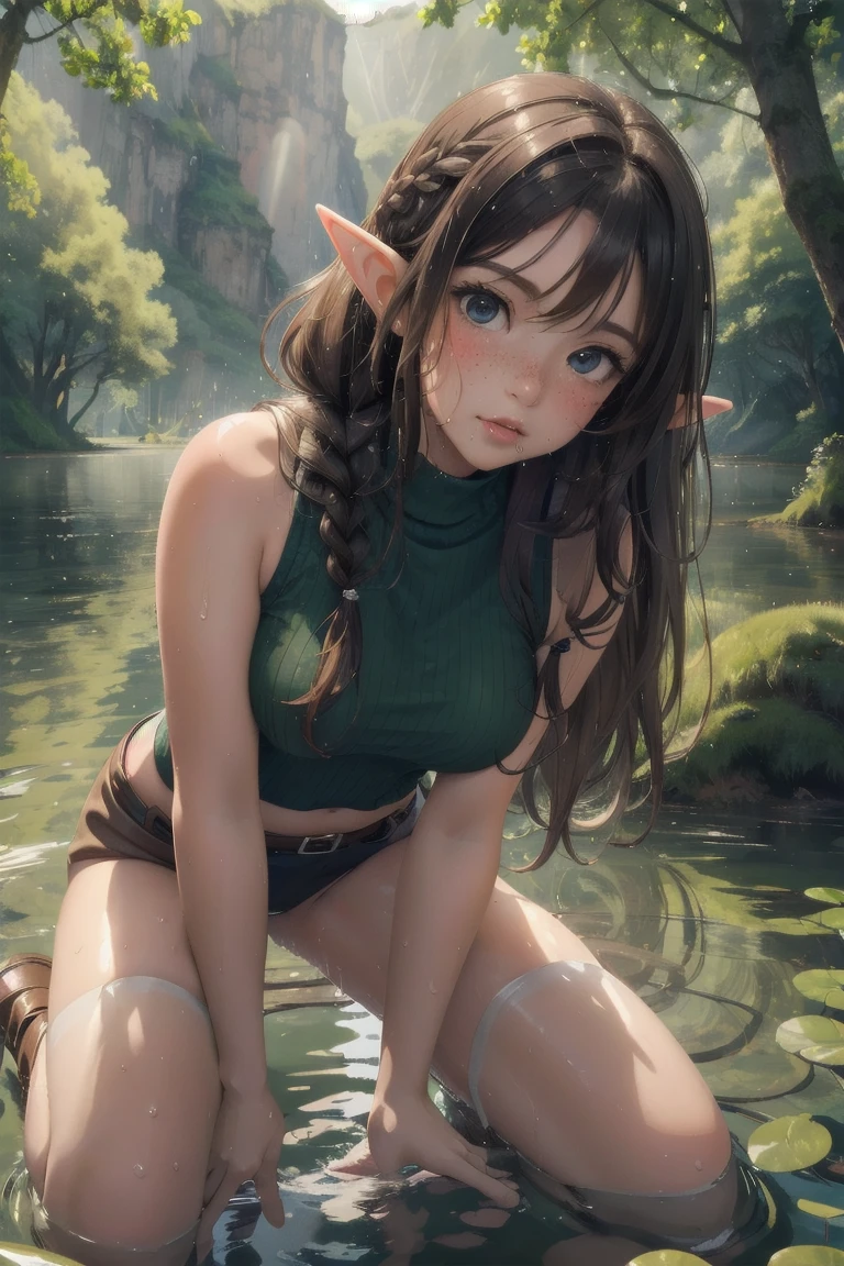 elf girl, master piece, mountains, forest, chilling in lake, kneeling in water, leather straps, one piece green sweater, blushing, freckles, wide hips, slim waist, thick thighs, hourglass shape, masterpiece, best quality, sfw, mature 26 year old woman, eleagant lake, tranquility fills the morning air, dew on trees and lake, slightly foggy, brown hair, thigh high leather boots, standing in water, moist face, bare shoulders, sleeveless top, leather belt, vast open lake, vary large lake, beutiful reflection, god rays coming through clouds, wavy hair, mouth open, shiny. lips, mist and dew elegantly falling over lake, slightly overcast, braided hairband, beutiful round eyes, very early in the morning, doe eyes, inocent, content, peaceful happy, on knees in water, water coming out of mouth, spitting water, lots of water in mouth, looking up at viewer, from below, water spilling down side of mouth and onto chin, 