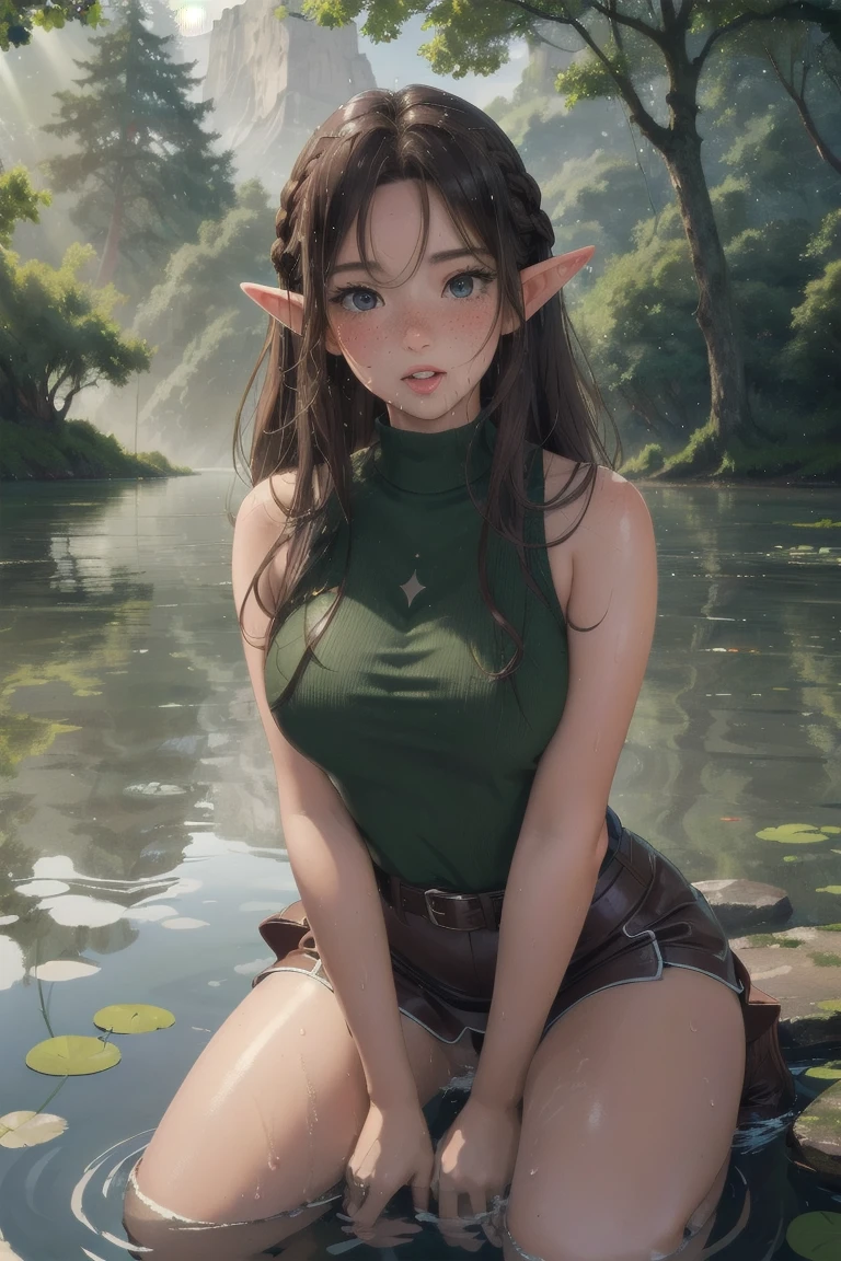 elf girl, master piece, mountains, forest, chilling in lake, kneeling in water, leather straps, one piece green sweater, blushing, freckles, wide hips, slim waist, thick thighs, hourglass shape, masterpiece, best quality, sfw, mature 26 year old woman, eleagant lake, tranquility fills the morning air, dew on trees and lake, slightly foggy, brown hair, thigh high leather boots, standing in water, moist face, bare shoulders, sleeveless top, leather belt, vast open lake, vary large lake, beutiful reflection, god rays coming through clouds, wavy hair, mouth open, shiny. lips, mist and dew elegantly falling over lake, slightly overcast, braided hairband, beutiful round eyes, very early in the morning, doe eyes, inocent, content, peaceful happy, on knees in water, water coming out of mouth, spitting water, lots of water in mouth, looking up at viewer, from below, water spilling down side of mouth and onto chin, mouth open tongue out,