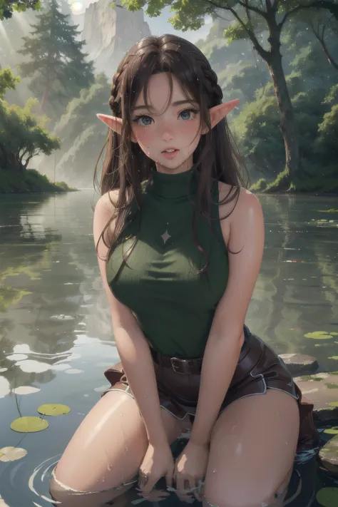 elf girl, master piece, mountains, forest, chilling in lake, kneeling in water, leather straps, one piece green sweater, blushin...