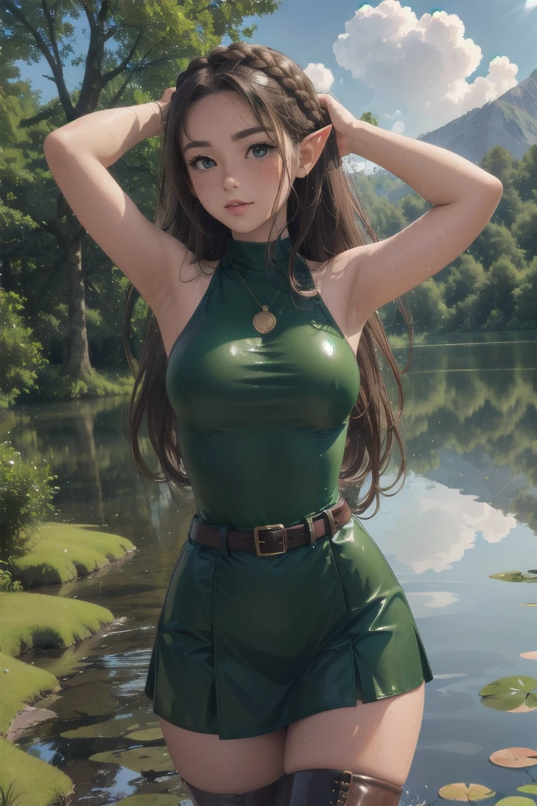 elf girl, master piece, mountains, forest, chilling in lake, thigh deep in water, walking to viewer, leather straps, one piece green sweater, blushing, freckles, wide hips, slim waist, thick thighs, hourglass shape, masterpiece, best quality, sfw, mature 26 year old woman, eleagant lake, tranquility fills the morning air, dew on trees and lake, slightly foggy, brown hair, thigh high leather boots, standing in water, moist face, bare shoulders, sleeveless top, leather belt, vast open lake, vary large lake, beutiful reflection, god rays coming through clouds, wavy hair, mouth open, shiny. lips, mist and dew elegantly falling over lake, slightly overcast, braided hairband, beutiful round eyes, very early in the morning, doe eyes, inocent, content, peaceful happy, hands on head, arms up