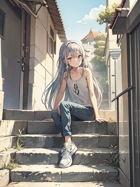 cute, masterpiece, highest quality, High resolution,,Girl sitting on the stairs, alone,Silver Hair, Small earrings,Semi-long hair, outside,Artistic,An illustration,Pants Style,Line art,Aqua Eye,morning,Best lighting,sun,casual, Girl in sneakers,clavicle,expensive,Flat Chest,Girl with hand on cheek,Watercolor