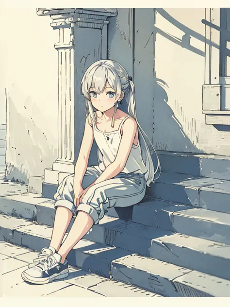 cute, masterpiece, highest quality, High resolution,,Girl sitting on the stairs, alone,Silver Hair, Small earrings,Semi-long hai...