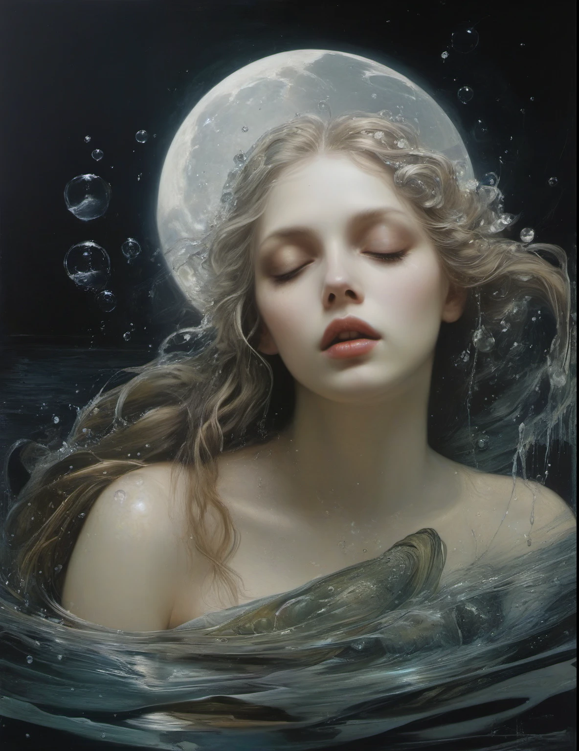 James Gurney, Surrealist art , dream-like, Mysterious, Provocative, symbolic, Complex, detailed,, (Gothic but very beautiful:1.4), (masterpiece, highest quality:1.4) , Nicola Samori Style, The moon kissed the mermaid , Water bubbles
