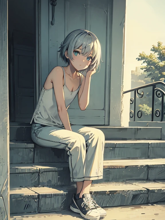 cool, masterpiece, highest quality, High resolution,,Girl sitting on the stairs, alone,Silver Hair, Small earrings,short hair, outside,Artistic,An illustration,Pants Style,Line art,Aqua Eye,morning,Best lighting,sun,casual, Girl in sneakers,clavicle,expensive,Flat Chest,Girl with hand on cheek,Watercolor,Beautiful Face,tall