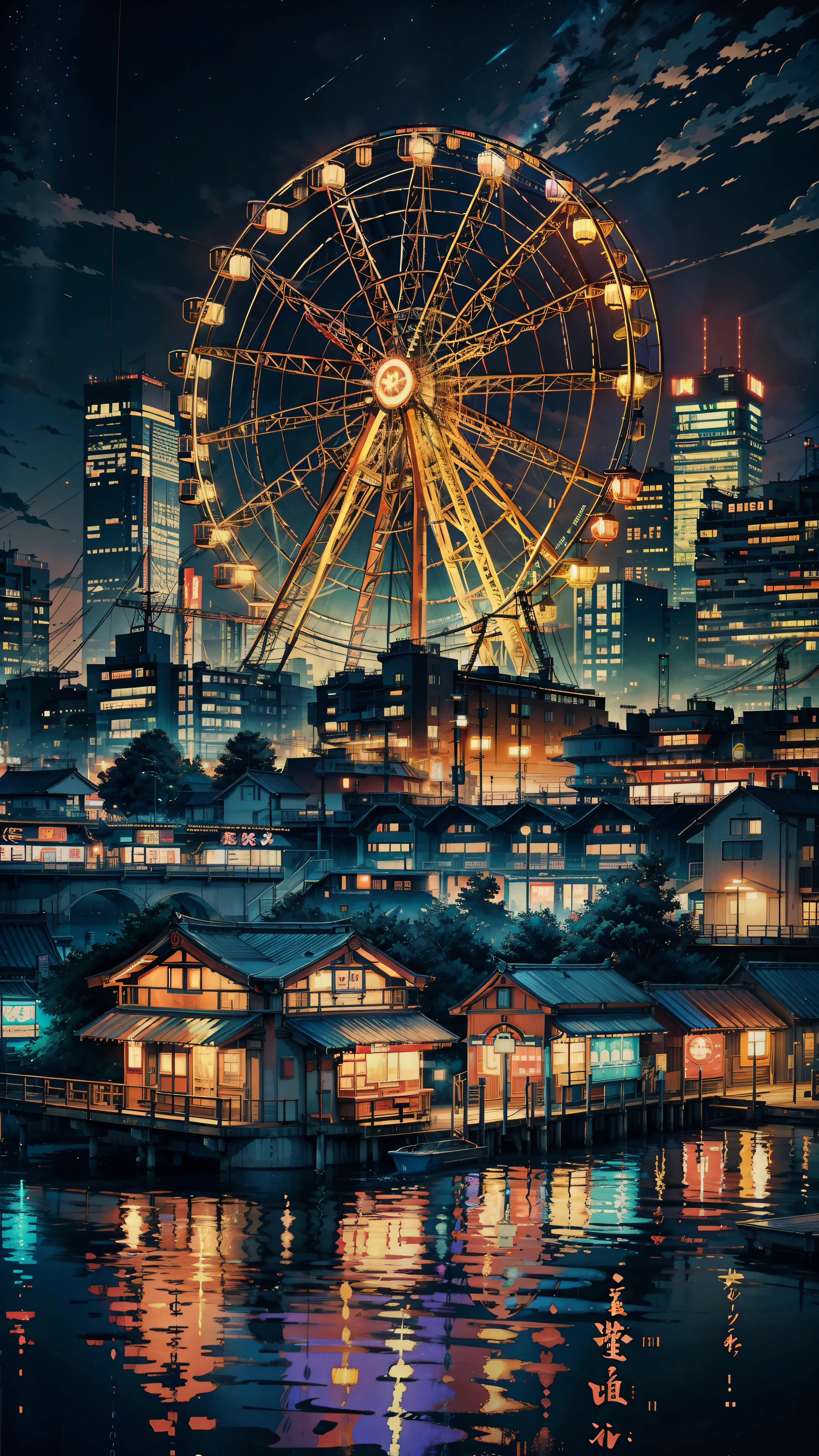 painting of a Riesenrad in the middle of body of water, ( Riesenrad ), Neon, Neon lights, Reflexionen. von Makoto Shinkai, japanische City-Pop-Farbpalette, Osaka Skyline-Hintergrund, Heldin Japan lebendige Landschaft, von Torii Kiyomasu, Japan Reiseästhetik, Disney und Kyoto-Animation, Japan Reisen und Tourismus, Kawaguchi-See, von Yuko Tatsushima, 