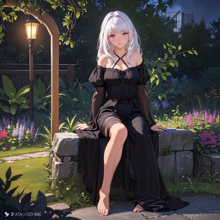 (best quality,4k,8k,highres,masterpiece:1.2),ultra-detailed,(realistic,photorealistic,photo-realistic:1.37),illustration,soft lighting,a girl with white hair,deep purple eyes,glowing eyes,sitting down,barefoot,face blushing,in a garden at night,flowers.Black Silk，Black high heels