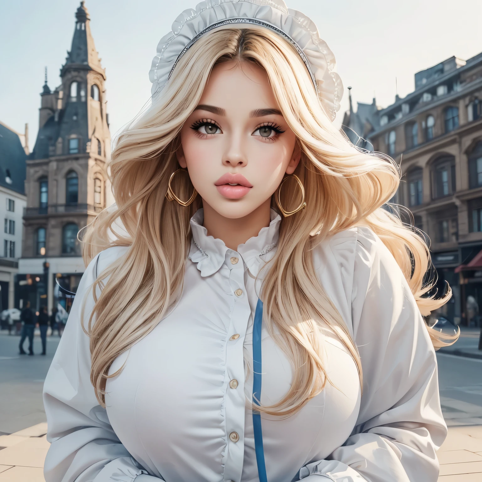 Blonde woman with blue purse and white shirt in front of a building -  SeaArt AI