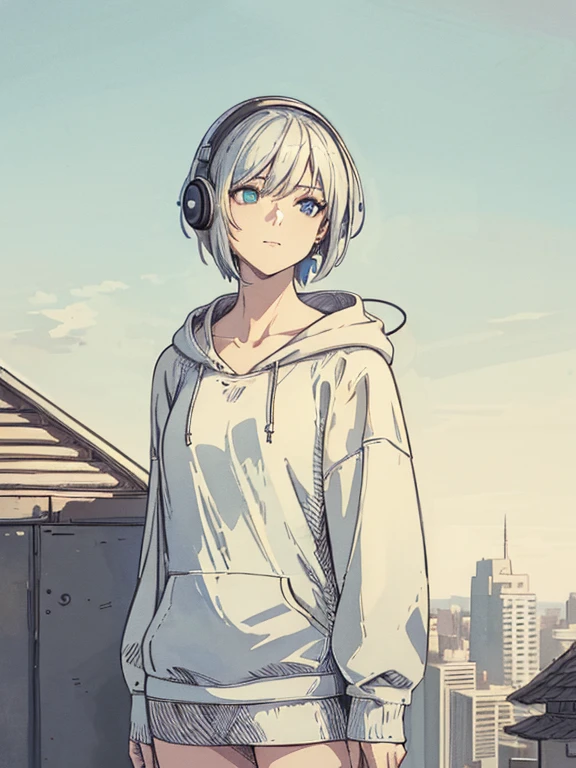 cool, masterpiece, highest quality, High resolution,,Woman standing on the roof, alone,Silver Hair, Small earrings,short hair, outside,Artistic,An illustration,Line art,Aqua Eye,morning,Best lighting,sun,casual, Woman wearing a hoodie,Flat Chest,Watercolor,Beautiful Face,tall,Woman with headphones around her neck