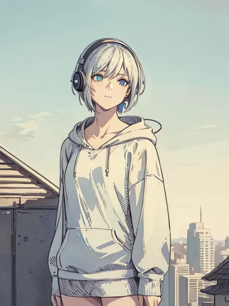 cool, masterpiece, highest quality, High resolution,,Woman standing on the roof, alone,Silver Hair, Small earrings,short hair, o...