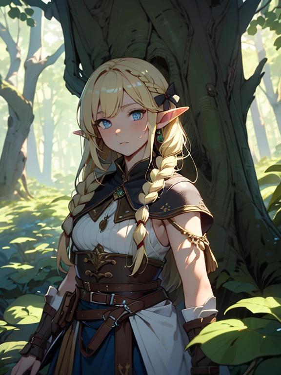 masterpiece, highest quality, Very detailed, 16k, Ultra-high resolution、1 14 year old elf girl, Detailed face、Perfect Fingers, Elf Ears, Small breasts, blue eyes, Blonde, Braid, Sleeveless, Tight Skirt, Light clothing, Carrying a bow on your back, in the forest, Sitting on the branch of a big tree