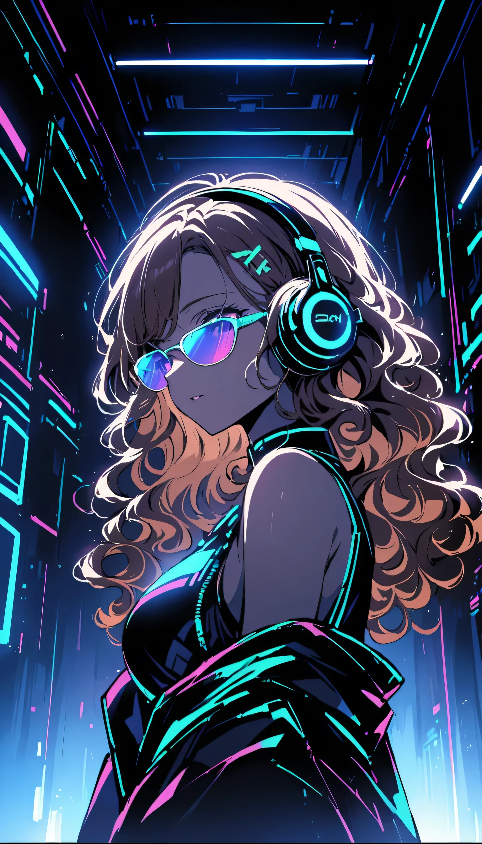 Brown Hair . Beautiful woman with curly hair and sunglasses、Wearing full-sized headphones、Neon glow of neon cyberpunk coordinator at night in a dark room。