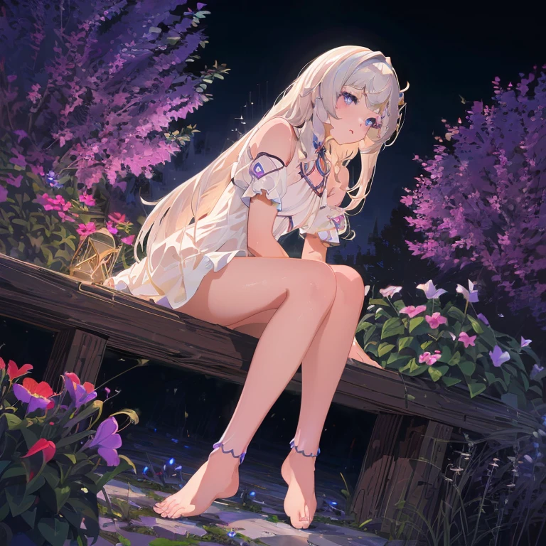 (best quality,4K,8k,high resolution,masterpiece:1.2),Ultra Detailed,(actual,photoactual,photo-actual:1.37),illustration,Soft Light,White hair girl,Deep purple eyes,Glowing eyes,sit down,barefoot,blush,Garden at night,Flowers.