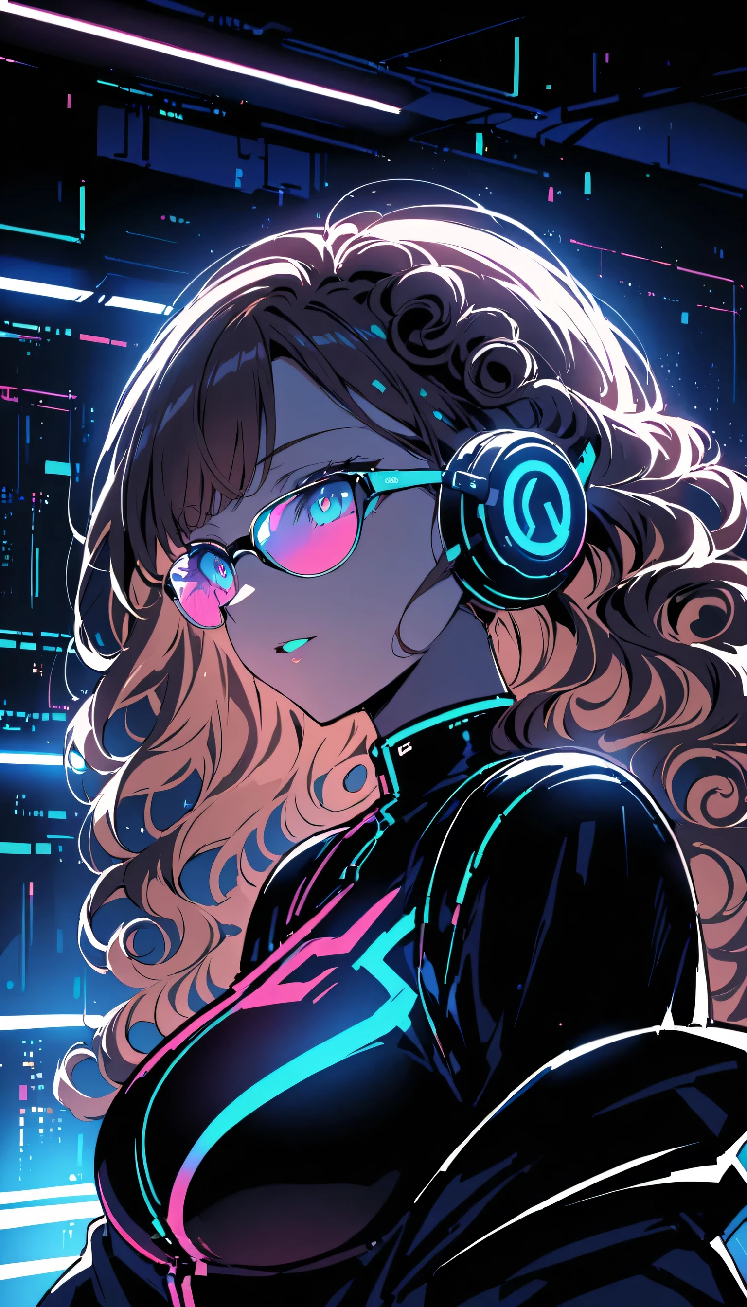 Pelo castaño . Hermosa mujer con pelo rizado y gafas de sol、Usar auriculares de tamaño completo、Resplandor de neón del coordinador de neón cyberpunk por la noche en una habitación oscura。