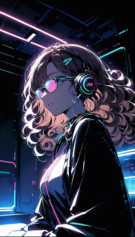 brown hair . beautiful woman with curly hair and sunglasses、wearing full-sized headphones、neon glow of neon cyberpunk coordinato...