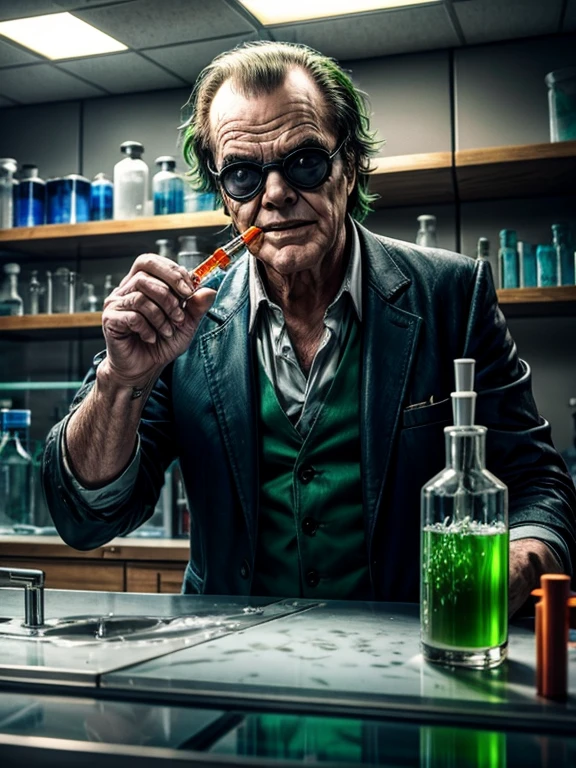 Jack Nicholson as The 1992 Joker with wild, green hair, a menacing smile, and a pair of protective goggles, serious and determined face expression, wearing a white laboratory coat, trying to mix two fluids in a crystal clear reaction tube glass, one in his right hand is a bright orange viscous fluid, and one in his left hand is a blue liquid, in a neat, tidy, and well-organized chemical laboratory, with a bubbling flask and smoke rising from it, with insane detail, high resolution, high definition, 8k, ultra sharp and crisp, realistic style, Don Lawrence style, octane render, cinematic