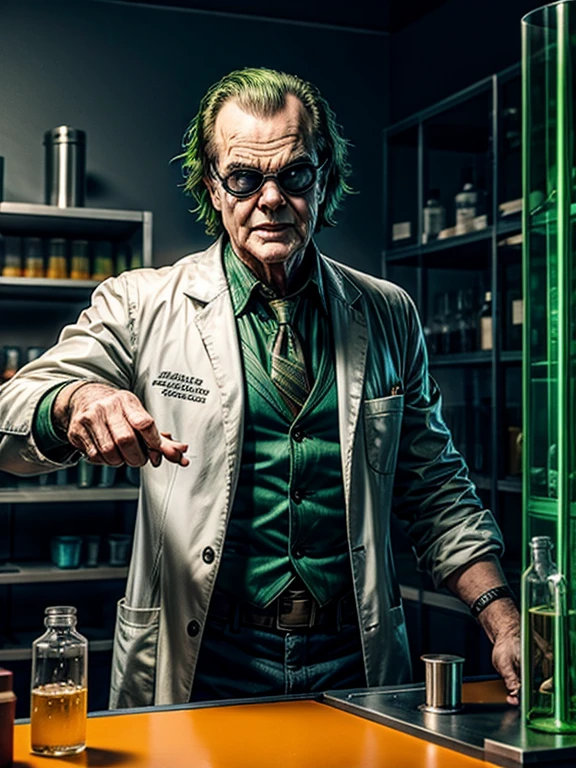 傑克尼克遜 (Jack Nicholson) 飾演 1992 年狂野小丑, 綠髮, 威脅性的微笑, 和一副護目鏡, 嚴肅而堅定的表情, 穿著白色的實驗室外套, 試試在晶瑩剔透的反應管玻璃中混合兩種流體, 他右手中的一個是亮橙色的黏稠液體, 他左手拿著的是藍色液體, 整齊地, 整齊的, 和組織良好的化學實驗室, 有一個冒泡的燒瓶和從中升起的煙霧, 有着疯狂的细节, 高解析度, 高畫質, 8K, 超銳利和清脆, 寫實風格, 唐勞倫斯風格, 辛烷渲染, 電影般的