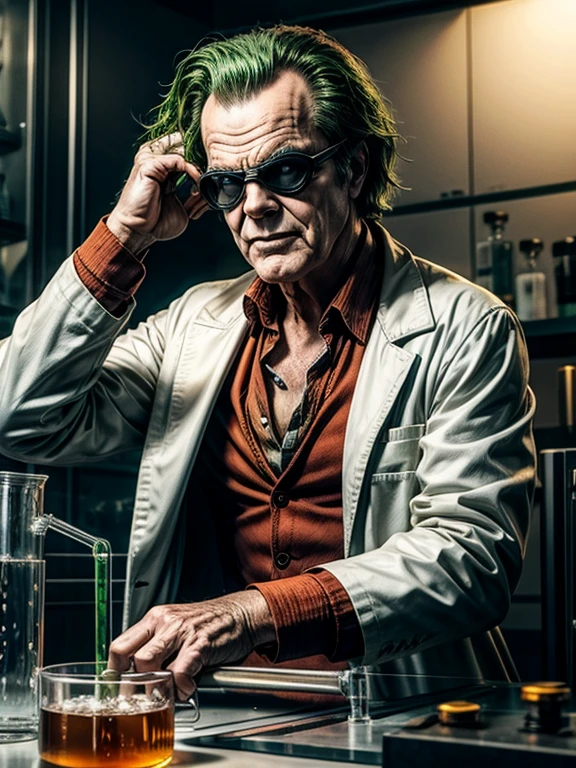 Jack Nicholson como o Coringa de 1992 com selvagem, cabelo verde, um sorriso ameaçador, e um par de óculos de proteção, expressão facial séria e determinada, vestindo um jaleco branco de laboratório, tentando misturar dois fluidos em um tubo de reação de vidro cristalino, um em sua mão direita é um fluido viscoso laranja brilhante, e um na mão esquerda é um líquido azul, de uma forma elegante, limpo, e laboratório químico bem organizado, com um frasco borbulhante e fumaça saindo dele, Com detalhes insanos, Alta resolução, alta definição, 8K, ultra nítido e nítido, Estilo realista, Estilo Don Lawrence, renderização de octanagem, cinematic