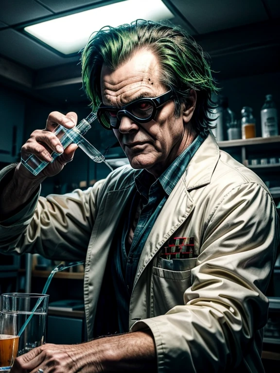 Jack Nicholson como o Coringa de 1992 com selvagem, cabelo verde, um sorriso ameaçador, e um par de óculos de proteção, expressão facial séria e determinada, vestindo um jaleco branco de laboratório, tentando misturar dois fluidos em um tubo de reação de vidro cristalino, um em sua mão direita é um fluido viscoso laranja brilhante, e um na mão esquerda é um líquido azul, de uma forma elegante, limpo, e laboratório químico bem organizado, com um frasco borbulhante e fumaça saindo dele, Com detalhes insanos, Alta resolução, alta definição, 8K, ultra nítido e nítido, Estilo realista, Estilo Don Lawrence, renderização de octanagem, cinematic