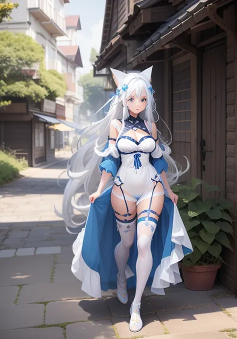 girl、、Bink、leotard、whole body。blue eyes、White Hair、Functional、Seductive pose、front、noon、Outdoor、garden、Beach、No cat ears。
