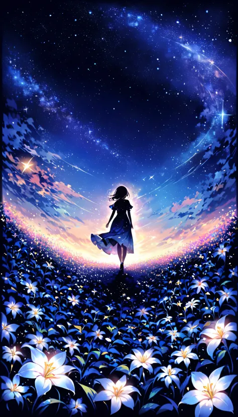 There is a girl Standing in a flower field looking up at the sky, a girl Standing in a flower field, Girl walking in a flower fi...