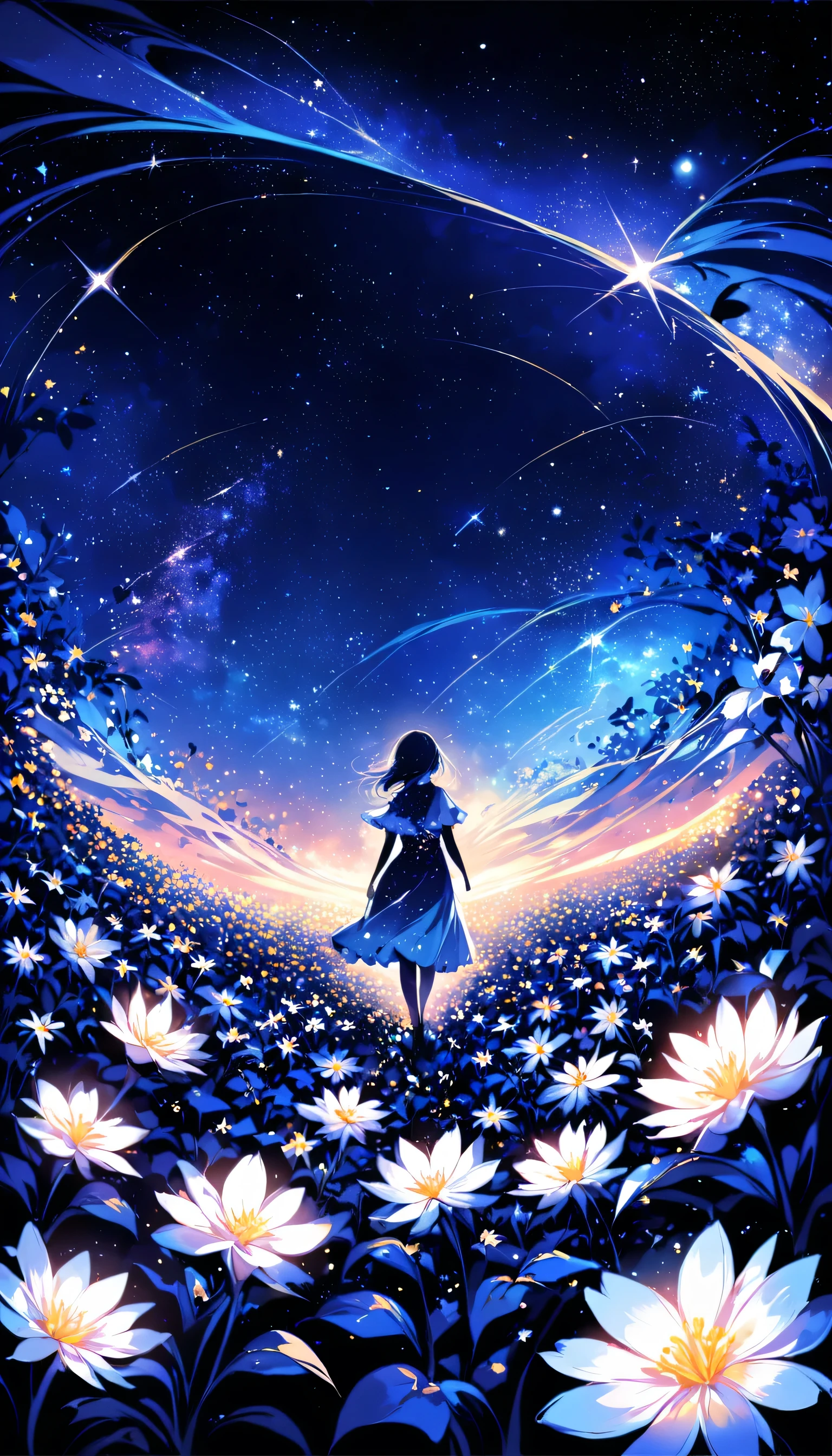 There is a girl 꽃밭에 서서 looking up at the sky, a girl 꽃밭에 서서, 꽃밭을 산책하는 소녀, 나는 꿈같은 원더랜드에서 길을 잃었어요, 꽃밭에 서서, 놀라운 디지털 페인팅, 하늘은 점차 맑아지고, 별이 빛나는 하늘은 점차々~에서 멀어지다  