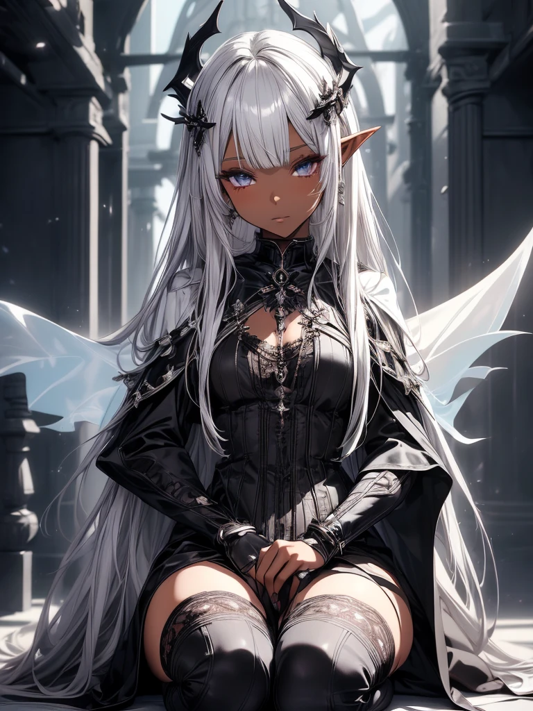 (master piece),(4k),high quality,(flat chest),1girl,dark elf,two-tone silver hair,beautiful detailed eyes,(dark skin),(beautiful fantasy anime),(light gray and black costume with light gray color cape),((multilayered outfit)),sitting in mystic forest,With warm and gentle lighting