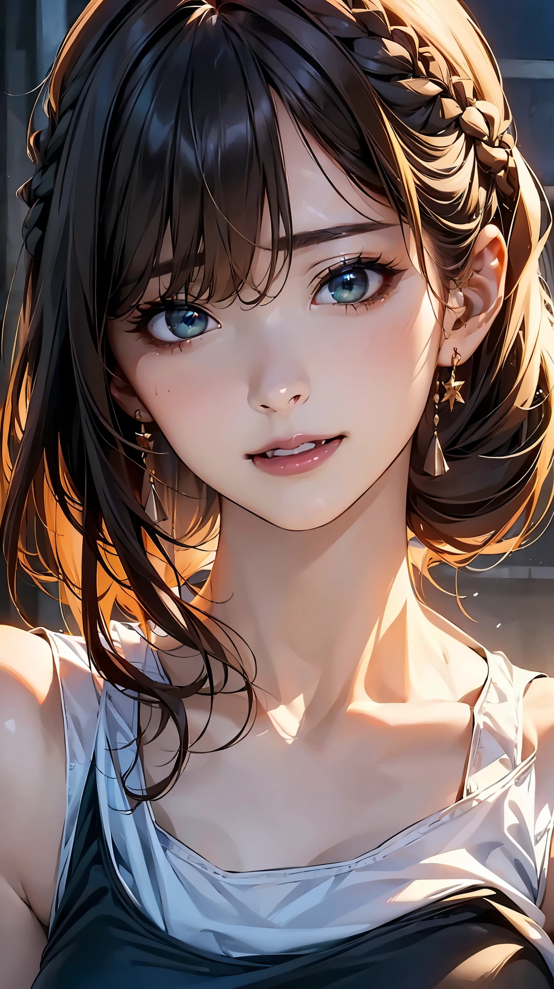 (Browsing Caution:1.2), (8k, RAW Photos, Best image quality, masterpiece: 1.4), (Highly detailed CG Unity 8k wallpaper, highest quality, High resolution: 1.2), (Ultra_Familiar, 超High resolution: 1.2), super highly Familiar, (Realistic, Realistic: 1.48), 1 girl, Focus Only,(Braiding:1.5), Side Lock, bangs, ((Dark green eyes:1.4, Round eyes, Beautiful eyelashes)), Clear Eyes,Large Breasts,Shiny Hair, beautiful Familiar cold face,Captivating smile, Beautiful and delicate eyes with exquisite detail,Extremely accurate details,Skin dents,Outdoor,Perfect Face,Perfect body, Beautiful Eyes, Beautiful Face,(Face Focus),(Portraiture:1.5),Beautiful clavicle,Upward glance,choker,(Office Lounge),Very cute woman,(White tank top shirt:1.2),brown hair,