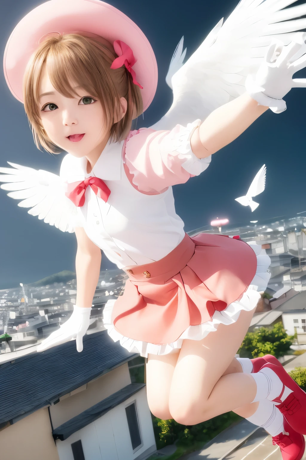 highest quality, 8k, Ultra-detailed, Photorealistic, Masseter muscle area, highest quality, 超A high resolution, highest quality, Anime Style, Best lighting, Beautiful Face, kinomoto sakura, One Girl, Light brown hair, short hair, Antenna Hair, Pink hat, Green Eyes, Frills, Pink Dress, Puff short sleeves, White gloves, Red Bow, White knee-highs, Kero-chan, There are small white feathers on the back, (Flying over the city:1.5), Japanese, 14 years、(Skirt lift up:1.35)