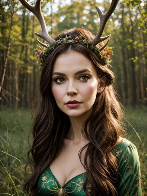 arafed woman with deer antlers in a field of tall grass, young woman with antlers, antlers on her head, wearing a crown made of ...