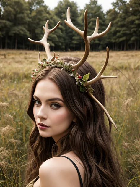 arafed woman with deer antlers in a field of tall grass, young woman with antlers, antlers on her head, wearing a crown made of ...