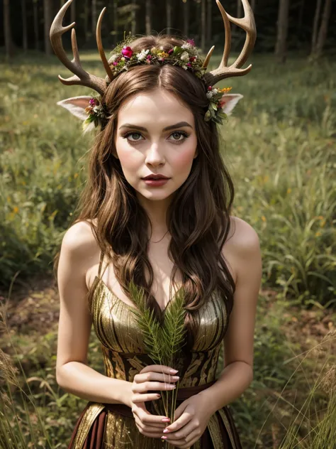 arafed woman with deer antlers in a field of tall grass, young woman with antlers, antlers on her head, wearing a crown made of ...