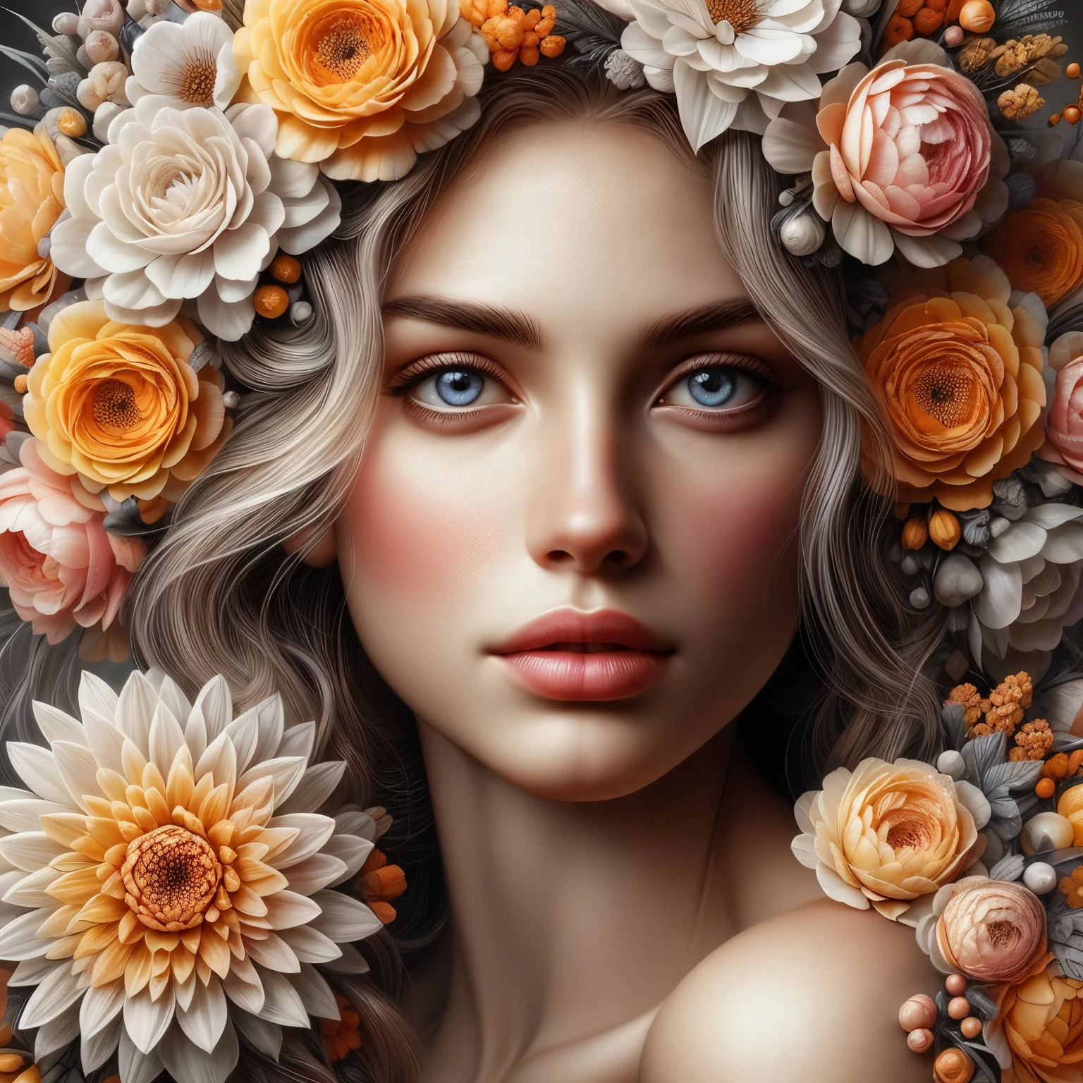 Beautiful detailed Hawaiian native woman, white-orange and yellow winter queen soft many pink Hawaiian flowers hyperdetailed portrait 8k Leonardo da Vinci