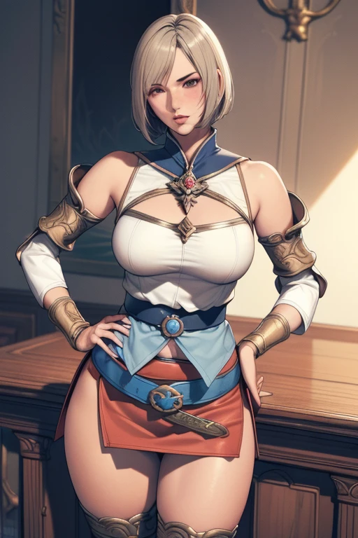 Cowboy Shot,(Golden Ratio,Tabletop, highest quality, highest quality, Official Art, beautifully、aesthetic:1.2), Very detailed, colorful,Best details,An illustration, Fantastic scene, (adult,19 years old,One Girl, alone, Final Fantasy 12,Asheria, short hair, short hair,Asheria Costume, huge , mini skirt,Knee socks, Thighs Thighs Thighs Thighs, gem, Blue Belt,One number on the belt),Course of action, Contemptuous look , Hands on hips