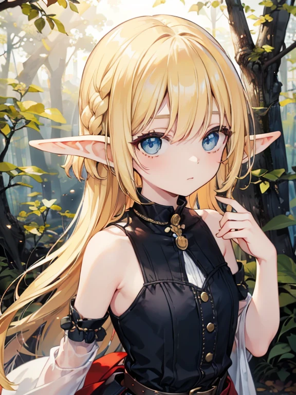 masterpiece, highest quality, Very detailed, 16k, Ultra-high resolution、Cowboy Shot, 1 Elf girl, Detailed face、Perfect Fingers, Elf Ears, Small breasts, blue eyes, Hanging eyes, Blonde, Braid, Sleeveless, Light clothing, in the forest, During a walk