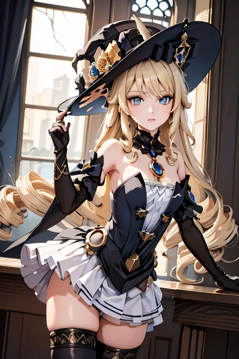 (masterpiece, best quality), 1girl,  navia,long hair,blonde hair,hat, witch hat,blue eyes,dress,bangs,black headwear,gloves,bare...