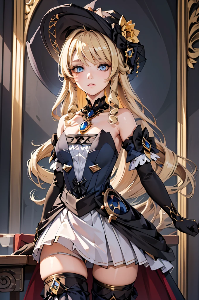 (masterpiece, best quality), 1girl,  navia,long hair,blonde hair,hat, witch hat,blue eyes,dress,bangs,black headwear,gloves,bare shoulders,flower,jewelry,thighhighs,black gloves,drill hair,detached sleeves,