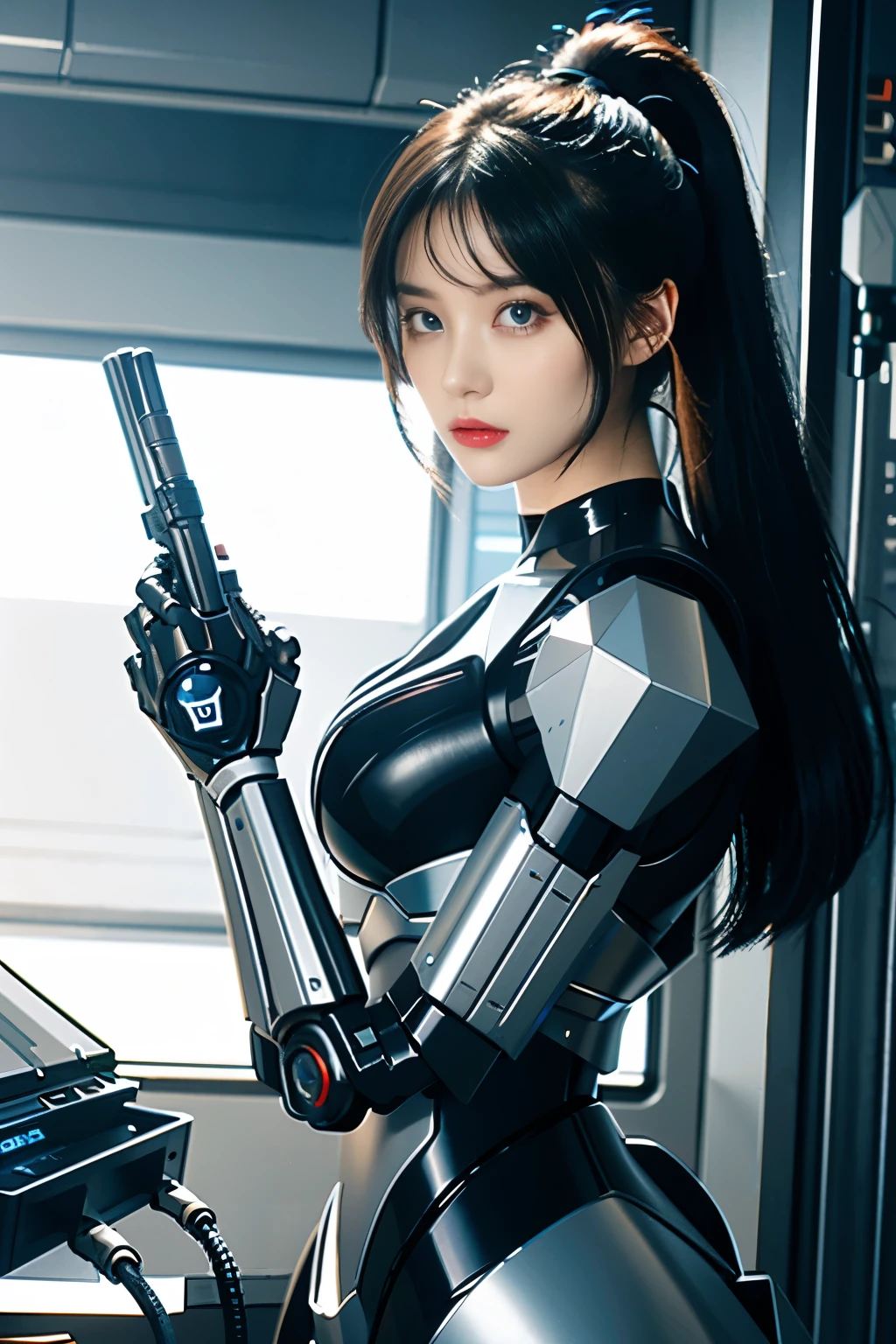 (傑作)、(頂級品質、高品質、最高解析度、高解析度)、极致精致、(獨自的)、(科幻小說、賽博朋克:1.3)、美麗的機器人 woman、(機器人警察:1.2)、(美麗的機器人:1.4)、安卓、酷美、(almond-形狀的眼睛、形狀的眼睛)、(大眼睛:1.2)、(大虹膜:1.3)、曲線美的臉、(臉部非常平衡)、臉型比例勻稱、寬嘴唇、有光澤的嘴、拱形眉毛、(機器人關節:1.3)、(機器人未來裝甲)、(機身由機器製成:1.3)、(未來機械戰鬥服:1.3)、(機器人結構:1.3)、(機械手指:1.4)、機械手套、(避震器架:1.3)、(電子基板、机械零件:1.3)、(阻尼器和電源線頸:1.3)、機器人肢體、(電源線:1.3)、(機器人維護:1.3)、((機器人廢料))、直髮、(牛仔射擊:1.4)、(垃圾場:1.3)、 陽光、邊緣光、閃耀