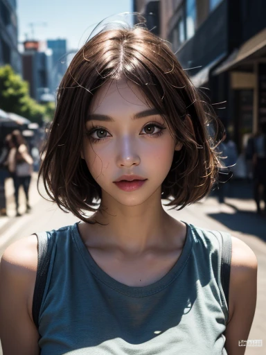 beautiful girl, bust, Bright red messy short hair, black eye shadow, (street style wear:1.2), (city background:1.2), dark makeup, The art of math, Popular topics on Artstation, highly detailed, fine details, complex,  beautiful detailed glow, detailed, Light, high resolution, detailed facial features,sharp focus, Light slippery, aesthetic,