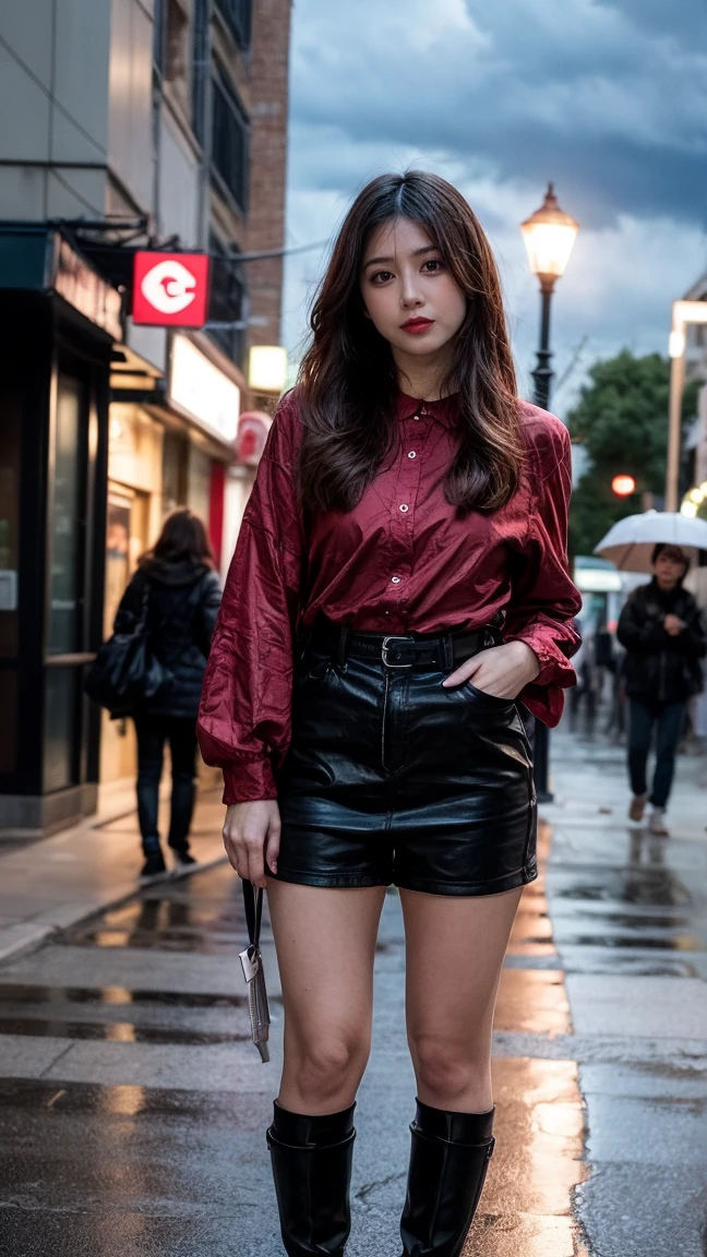 ulzzang-6500-v1.1, (RAW photo:1.2), (Photoreal), (genuine:1.4), 1 Japanese girl, warframe, complicated pattern, heavy metal, energy line, faceless, shining eyes, elegant, intense, blood red and black uniform, alone, modern, city, street, dark clouds, thunderstorm, heavy rain,, dramatic lighting,, (masterpiece:1.2), highest quality, High resolution,   beautiful, very detailed, perfect lighting, full body shot:1.05,  