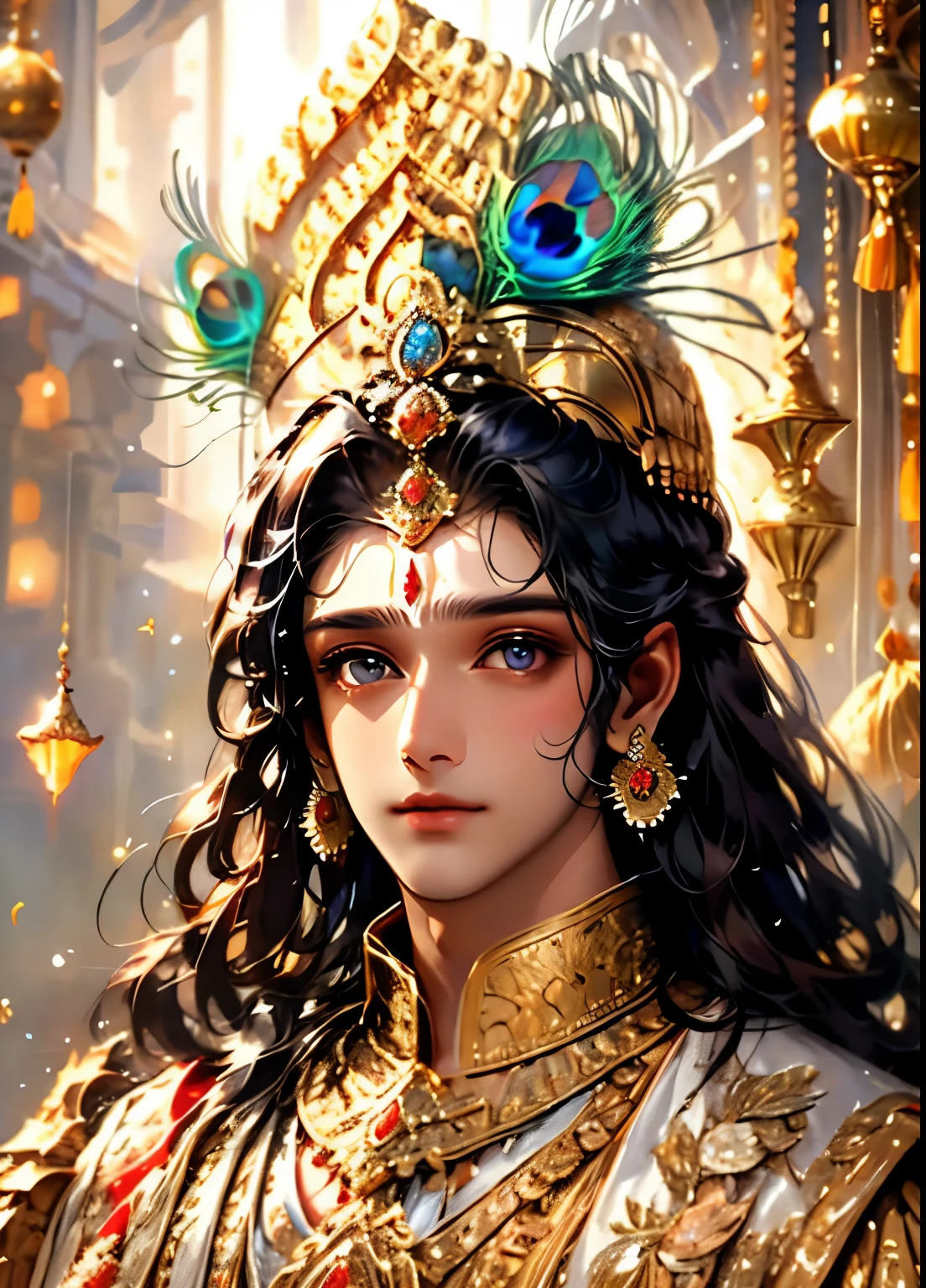 This is a dreamy and ethereal image. Lord Krishna with beautifully detailed and realistic eyes. Include ink drips, peacock feathers and fairy lights. The colors used should be soft and pastel except for his eyes, which should be bold and realistically shaded. Include luminous, glitter, shimmer, and intricate detailing. This is a high quality image from world-class artist agnes cecile. ((masterpiece))closeup shot