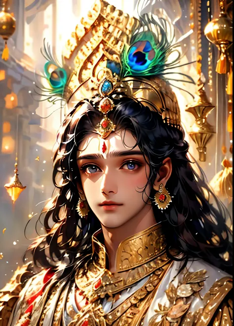 This is a dreamy and ethereal image. Lord Krishna with beautifully detailed and realistic eyes. Include ink drips, peacock feath...