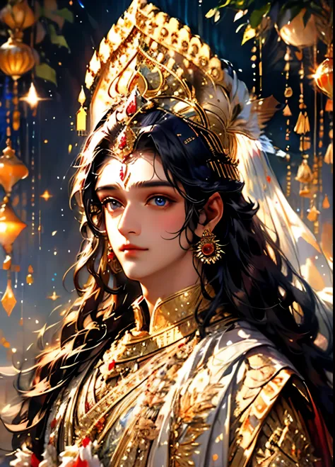 This is a dreamy and ethereal image. Lord Krishna with beautifully detailed and realistic eyes. Include ink drips and fairy ligh...