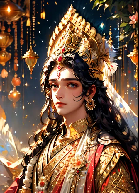 This is a dreamy and ethereal image. Lord Krishna with beautifully detailed and realistic eyes. Include ink drips and fairy ligh...