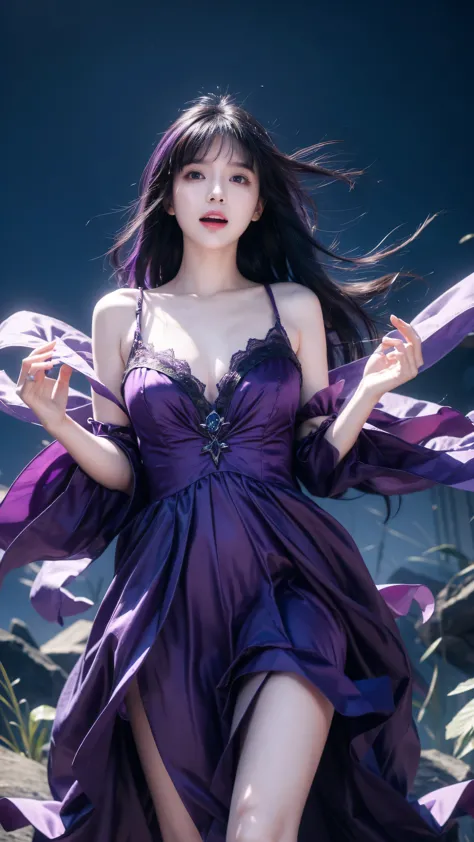 ghost, (Monster Girl), purple skin, peak, Purple Spiky Hair, Sudden laughter, Floating Hands, Wearing a dark purple dress, Float...