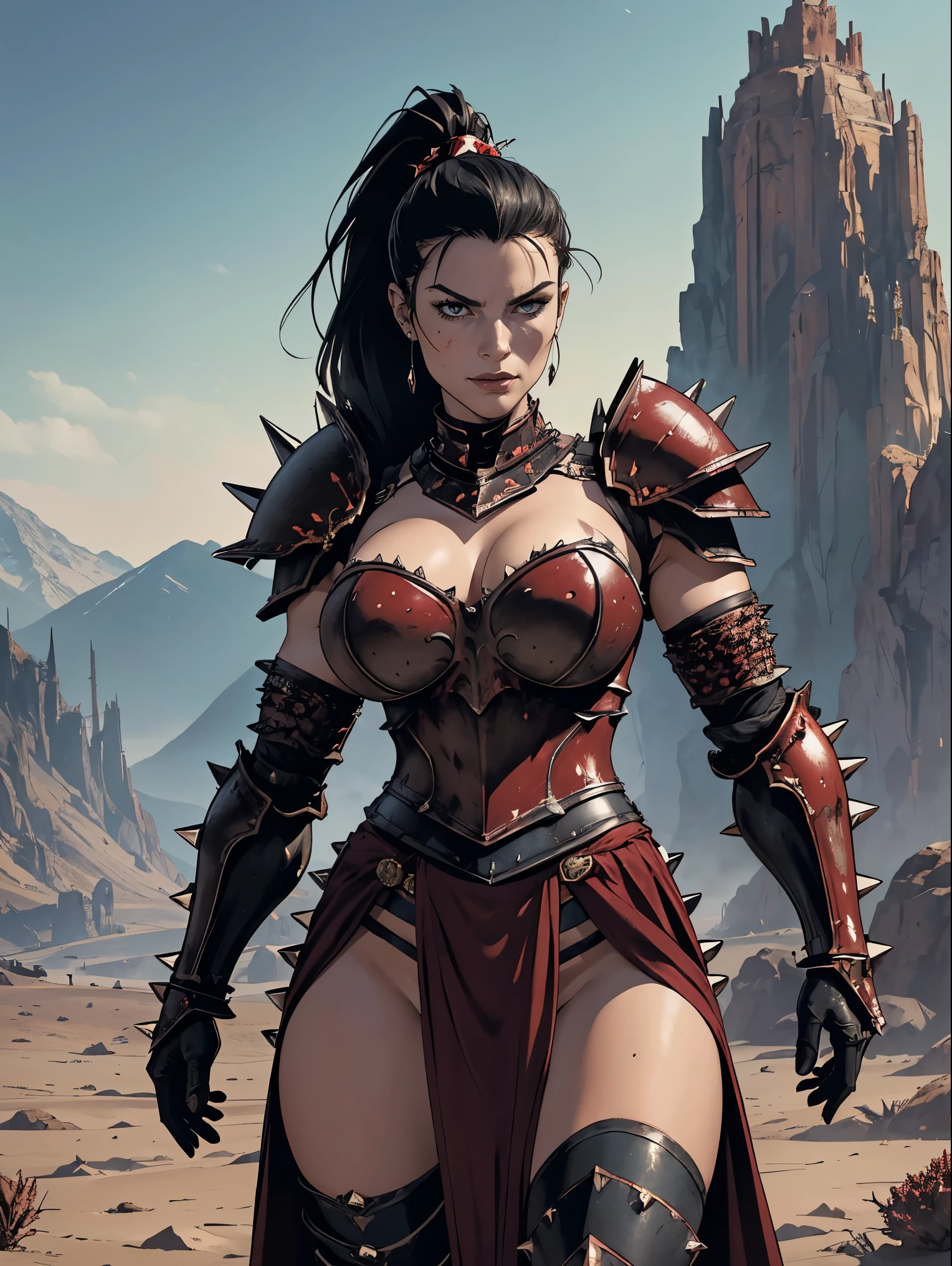 (masterpiece, top quality, best quality, official art, beautiful and aesthetic:1.2), (1girl:1.3), ((Sharp facial features, sharp features, hawkish features)), ((big hair, long black hair, ponytail)), big tiddy chaos warrior girl, extremely detailed, portrait, looking at viewer, solo, (full body:0.6), detailed background, full-body shot, (hot desert mountain theme:1.1), chaos warrior, (spiky helmet), charlatan, smirk, mysterious, swaying in mountains, armor, red metal, brass trim, long boots, dual axes, blood red fabric, pelvic curtain, loincloth, black leather, ((((spiky armor, heavy armor, blood, armored, gigantic breasts, long legs, pelvic curtain, toned, muscular)))), cute belly button, toned tummy, slim waist, slim hips, long legs, medieval (mountain exterior:1.1) background, dark mysterious lighting, shadows, magical atmosphere, dutch angle