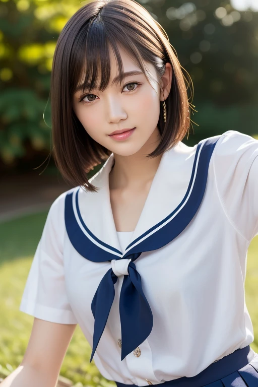 (highest quality:1.5), (Realistic:1.5), (1 person:1.5), (Upper Body:1.5), Very detailed, High resolution, 8k wallpaper, , Small breasts, Natural color lips, Cute Smile, Japanese women, 20-year-old girl, Beautiful and elegant face, Perfect and beautiful face, Big eyes, Brunette eyes, Beautiful and elegant face, Natural double eyelids, Natural Bangs, Beautiful thin nose, Beautiful Skin, Chestnut Hair, Medium Bob Hair, Short Hair, Natural Bangs, Perfect and beautiful face, Slim face and figure, (Looking at the camera with a cute expression), Bright lighting, Professional Lighting, Forward lighting, Cute Smile, (High School Uniform), (Girls' High School School Uniform), Beautiful clavicle, Facing forward, Simple poses, Fair skin, slender, Glowing Skin, Beautiful Skin, (Sailor suit), Schoolyard, White short-sleeved blouse shirt, navy pleated micro miniskirt,
