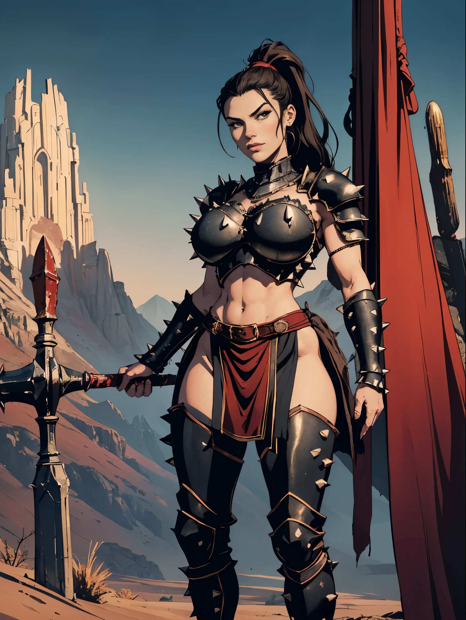 (masterpiece, top quality, best quality, official art, beautiful and aesthetic:1.2), (1girl:1.3), ((Sharp facial features, sharp features, hawkish features)), ((big hair, long black hair, ponytail)), big tiddy chaos warrior girl, extremely detailed, portrait, looking at viewer, solo, (full body:0.6), detailed background, full-body shot, (hot desert mountain theme:1.1), chaos warrior, (spiky helmet), charlatan, smirk, mysterious, swaying in mountains, armor, red metal, brass trim, long boots, dual axes, blood red fabric, pelvic curtain, loincloth, black leather, ((((spiky armor, bulbous heavy armor, blood, armored, gigantic breasts, long legs, pelvic curtain, toned, muscular)))), cute belly button, toned tummy, slim waist, slim hips, long legs, medieval (mountain exterior:1.1) background, dark mysterious lighting, shadows, magical atmosphere, dutch angle