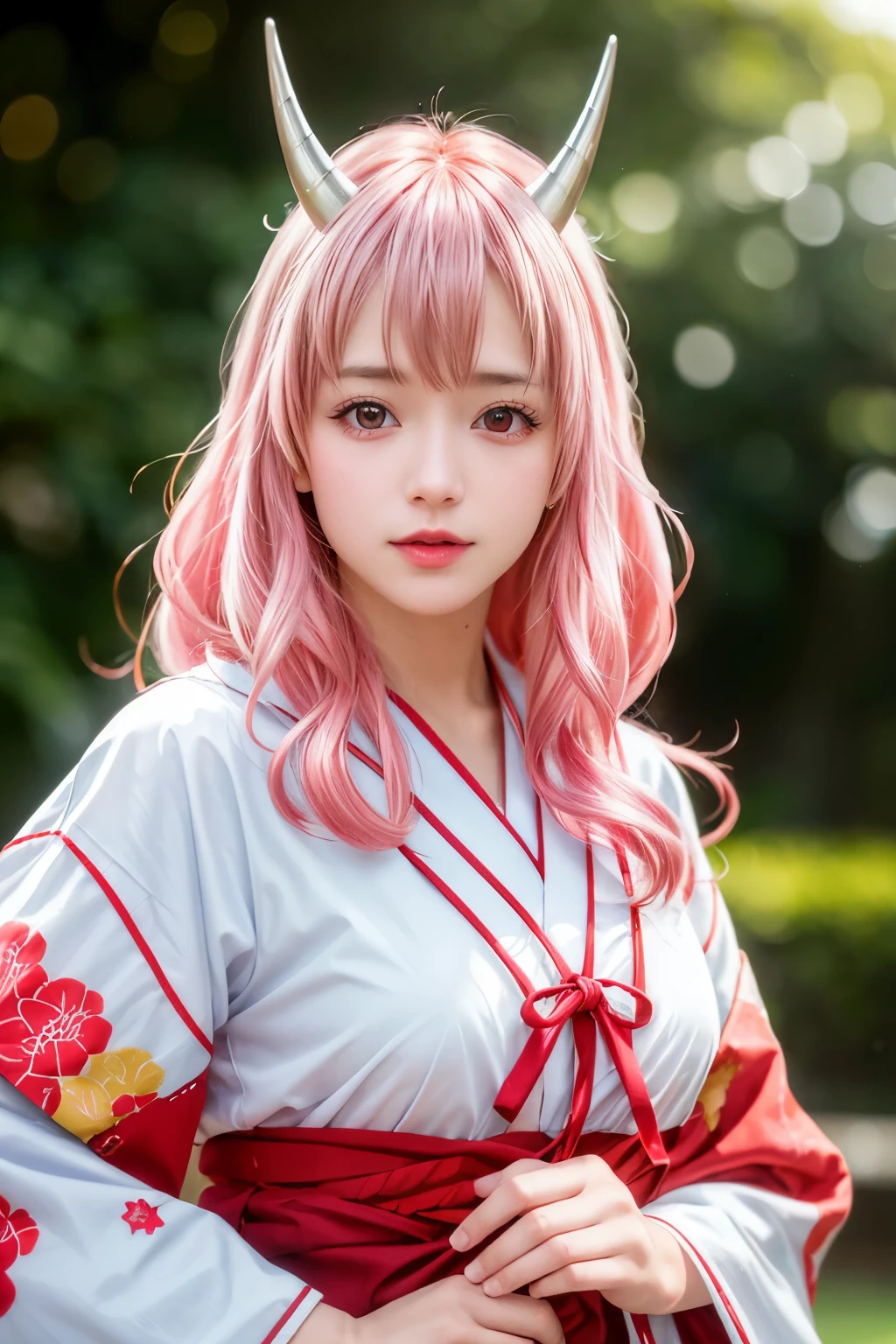 Realistic, (4K), Depth of written boundary, (masterpiece), (Realistic skin texture), Very detailed, Complex, Super detailed, Professional photography, Bokeh, High resolution, Sharp details, 最high quality, girl, Red and white kimono, Long Hair, Pink Hair, Pink Eyes, (horn), relax, RAW Photos, (Skin with attention to detail:1.2), 8K Ultra HD, Digital SLR, Soft lighting, high quality, Film Grain, Fujifilm XT3