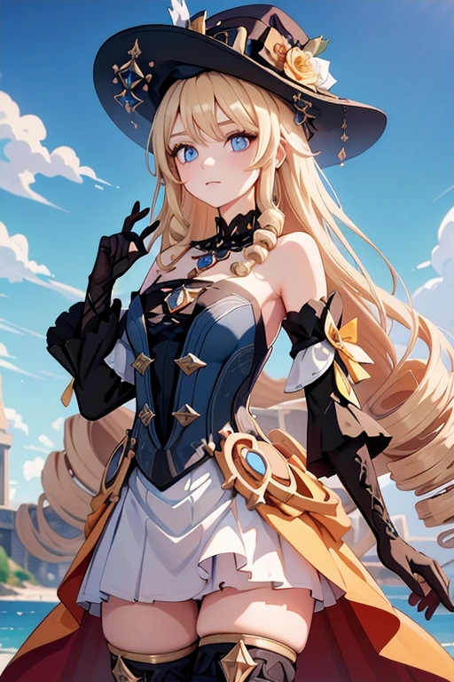 (masterpiece, best quality), 1girl,  navia,long hair,blonde hair,hat, witch hat,blue eyes,dress,bangs,black headwear,gloves,bare shoulders,flower,jewelry,thighhighs,black gloves,drill hair,detached sleeves,