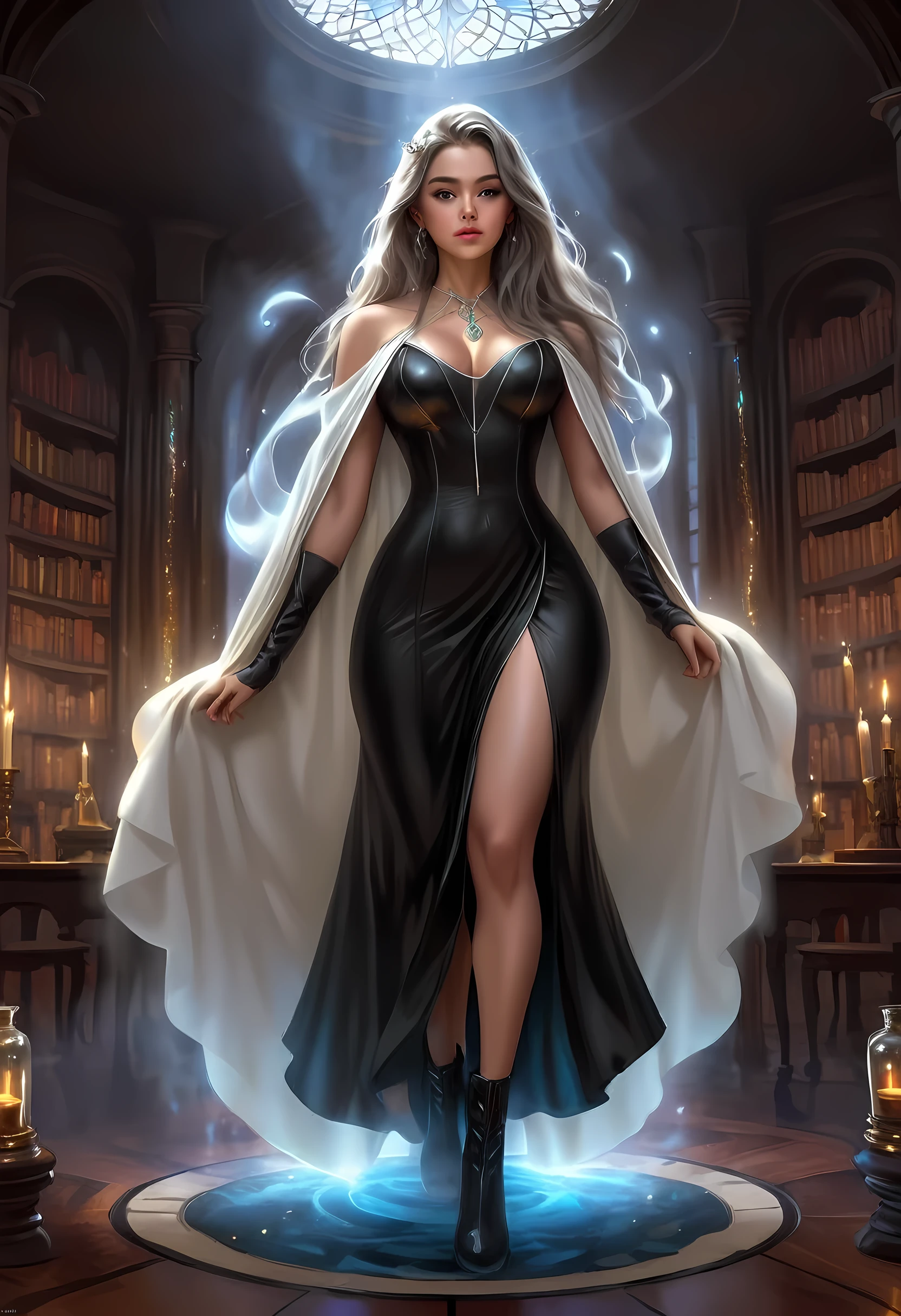 high details, best quality, 16k, [ultra detailed], masterpiece, best quality, (extremely detailed), full body, ultra wide shot, (ultra details, Masterpiece, best quality), fantasy art, dnd art, fantasy art, realistic art, a sorceress casting a AlchemyPunkAI spell in magical library (ultra details, Masterpiece, best quality), exquisite beautiful human woman (ultra details, Masterpiece, best quality), (sliver: 1.3) hair, long hair, (long dark dress: 1.2), (white cloak: 1.3), high heeled boots (ultra details, Masterpiece, best quality) AlchemyPunkAI